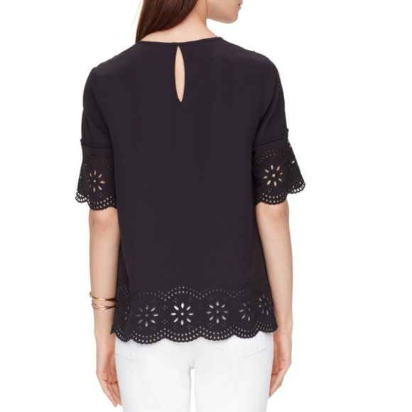 Kate Spade Silk Black Daisy Embroidered Eyelet Scalloped Swing Top - M - Picture 3 of 13